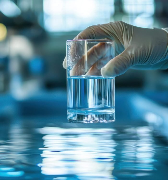 Water engineer analyzing water treatment processes and systems in a laboratory or treatment facility.